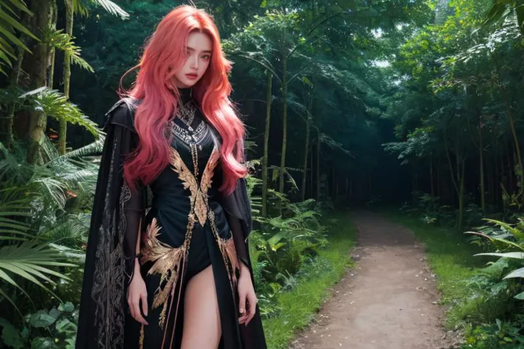 a woman with red hair and a black cape standing in a forest