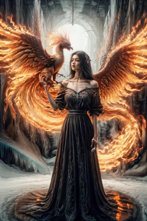 A girl wearing a long dress danced and performed a prayer ritual in front of the Sun Gods palace,a giant ice phoenix lurked in the sky,(Phoenix of Sora:1.2),<lora:PhoenixSora:0.8>,
very long hair,sword,wide_shot,<lora:add_detail:0.6>,a rocky cliff,
mytholo...