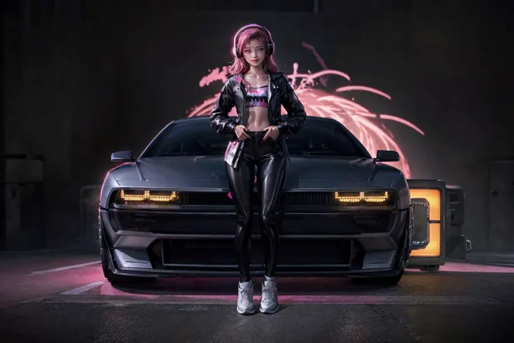 Graffiti, 1girl, solo, shoes, bring headphones, pink hair, white pupils, long hair, looking at viewer, long sleeves, white footwear, bright pupils, shirt, pink eyes, print shirt, black shirt, full body, black leggings, (midnight, cyberfunk background, retr...