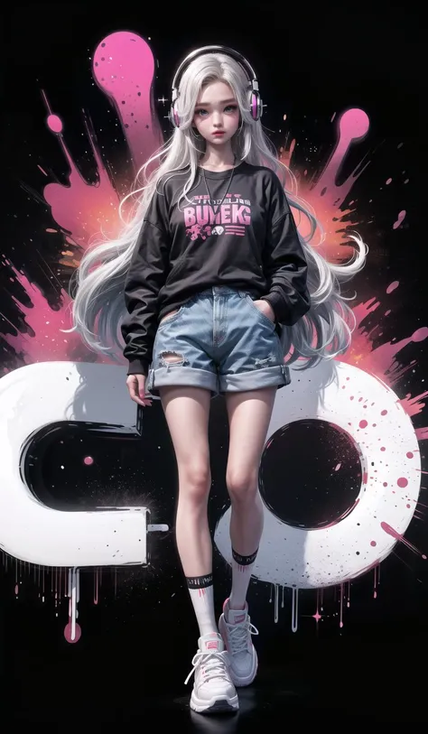 Graffiti, 1girl, solo, shoes,   bring headphones,white hair, white pupils, long hair, looking at viewer, long sleeves, white footwear, bright pupils,shirt, pink eyes, print shirt, black shirt, full body, shorts, socks, black background,necklace,standing,pi...