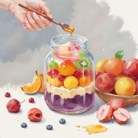 In a watercolor style, depict a scene where a hand is painting a dessert jar filled with colorful fruits. The brushstrokes should convey the translucency and fluidity characteristic of watercolors, highlighting the vibrant hues of the fruits inside the jar...