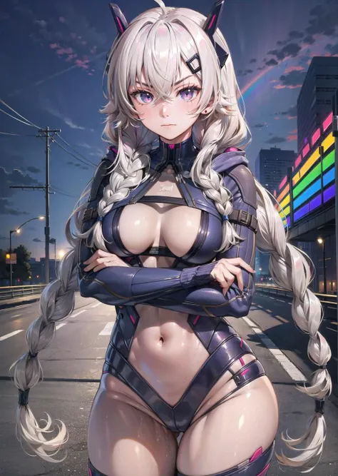 nsfw (1girl,  white hair long hair quad braids, rainbow eyes, disdain) (digital) ( in detailed road, (bodysuit under clothes, saruei, <lora:saruei:1>)) , best quality, <lora:boldline:0.2>  <lora:hairdetailer:0.2>