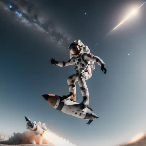 1boy, ((solo)), space, spacesuit, space helmet, <lora:surf:.65>,  stars, missile_surfing, action shot, wide angle, extremely detailed 8k wallpaper