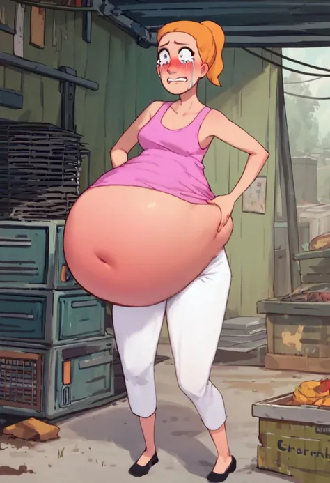 score_9, score_8_up, score_7_up 1girl, solo, summer smith, orange hair, 1girl, ponytail, solo, pink tank top, white pants, black footwear, garage background, standing, rubbing her belly, scared expression, crying, blush, massive belly, round belly, growing...