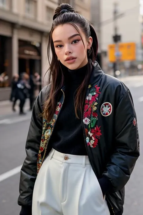 a woman in a black jacket and white pants standing on a street