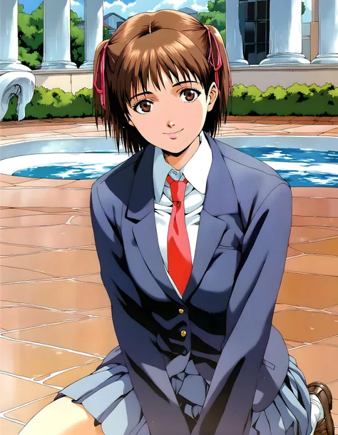 anime girl sitting on the ground in front of a fountain