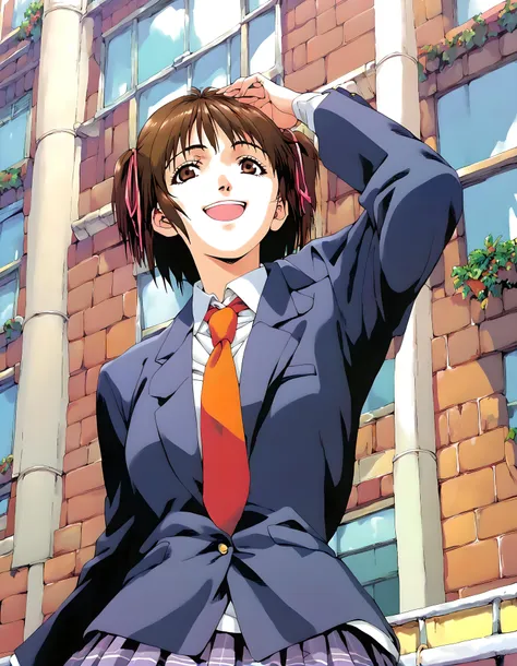 anime image of a woman in a suit and tie standing in front of a building