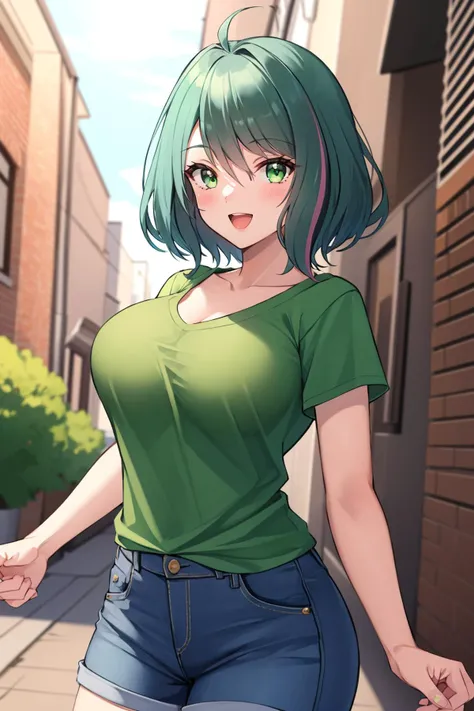 masterpiece, best quality, 1girl,  <lora:doatamaki-nvwls-v1-000009:0.9> doatamaki, streaked hair, large breasts, green t-shirt, looking at viewer, denim shorts, alleyway, blue sky, happy, :D