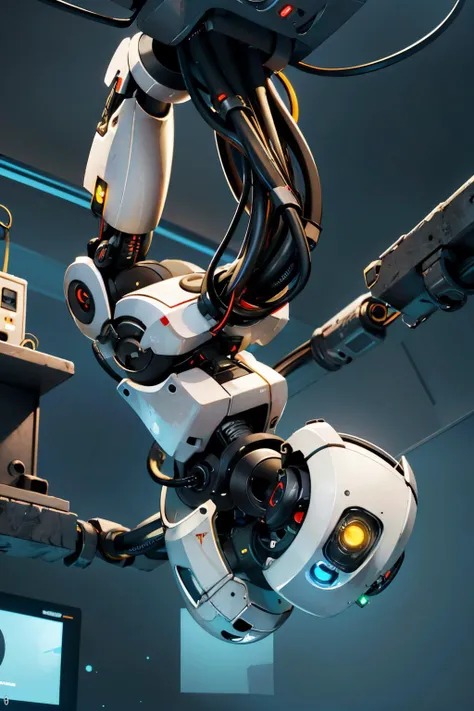 GLaDOS, robot,android,cyclops,yellow eye,no mouth, science fiction,cables, looking at viewer, inside office, monitors, upside down, from_below, dark, neon lighting, high quality, masterpiece,  <lora:GLaDOS:.8>