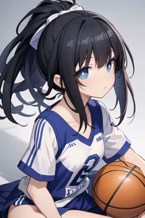 (masterpiece), best quality, high resolution,  girl playing basketball, black hair, hair up, dark blue eyes, sitting