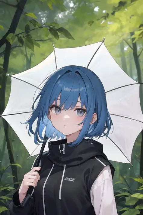 blue hair, gray eyes with an impermiable yellow and a black umbrella, make the environment in a forest under the stars