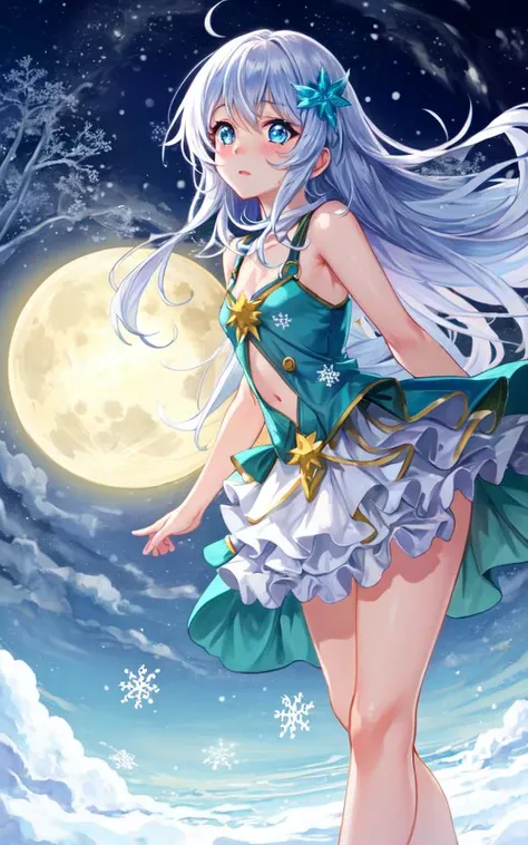silver hiar blue eyes, kawaii petit child childish innocent ankle-biter 1girl 8yo, star-shaped pupils small_star symbol in the pupils and iris, ((skindantation)) ((flat chest)) +++, from below , fantastic moonlit night, light coming in, big full moon backg...