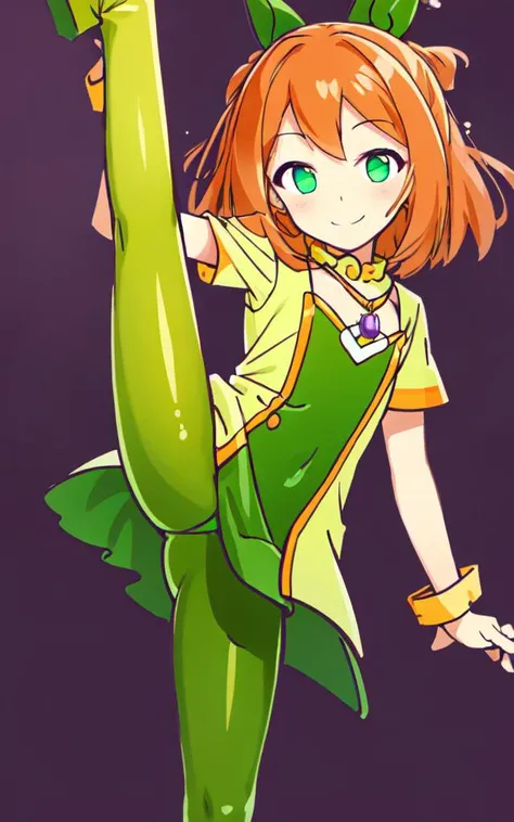 <lora:pyo_ally:1.0:lbw=TC> kawaii pyo_ally cute 1girl, green eyes, purple pendant, orange hair, medium hair +++ yellow pantyhose, green dress, lightgreen shirt, green boots +++ smile, <lora:ibalance:1.0:lbw=CT> ibalance standing on one leg leg_lift standin...