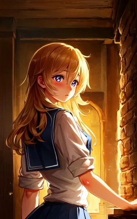 best quality, high detailed, Faint lips,UC:realistic, cinematic lighting kawaii cute 1girl indigo hair blond eyes, pupils sparkling school_Uniform thighhighs bulb_toe_shoes upperbody , from behind, upper body , looking down