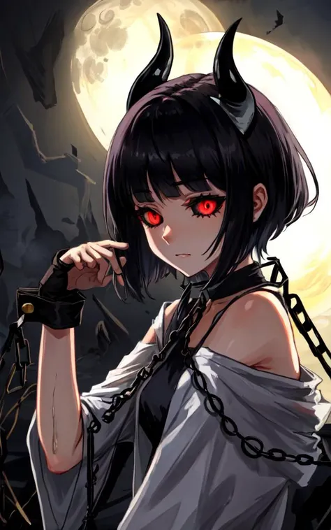 cute (head on black sheep horns) bat_wings demon tail girl kid 14years old petite eyeliner eye_shadow skindantation small breasts bob cut blunt bangs shiny hair (black hair) red eyes <lora:_blackScleraTestInpaint_v10:1:NIN> black sclera ((eyes visible thro...