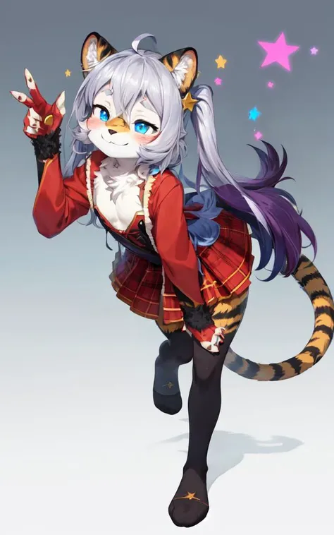 kawaii petit child childish innocent ankle-biter 1girl 8yo, star-shaped pupils small_star symbol in the pupils and iris, ((skindantation)) ((flat chest)) +++, tiger ears, tiger tail, tiger legs fluffy:2 furry beastman, +++ extremely quality extremely detai...