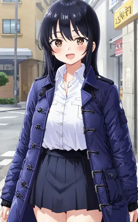 Happy :D, cute kawaii <lora:anna:0.8:lbw=NP> yamada anna 1girl, long_hair straight hair, black_hair, eyebrows_visible_through_hair, bangs, brown_eyes, medium breasts, tall girl blush doyagao  +++  +++ white collared_shirt, , navybluue pleated_skirt, lowfer...