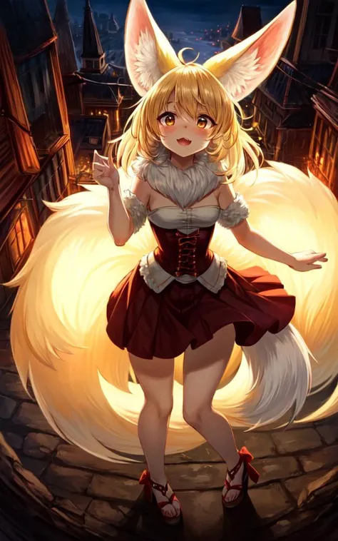 cute (white fur_body animal fur_leg white fennec_fox white fluffy furry:1.2 beastman beastgirl:1.3 1girl)  :/  happy fang eyeliner medium breasts skindantation (gold eyes) shiny hair messy hair ((eyes visible through hair)) three tails digitigrade:1.6 niku...