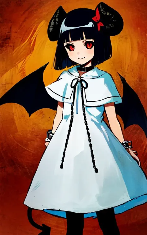 1girl, petite head on black sheep horns, bat_wings, demon tail, petite, small breasts, bob cut, blunt bangs, black hair, red eyes, <lora:_blackScleraTestInpaint_v10:1:lbw=NC> black sclera, Smiling, hime-sode, white dress_shirt, bulb toe wooden_shoes, darkr...