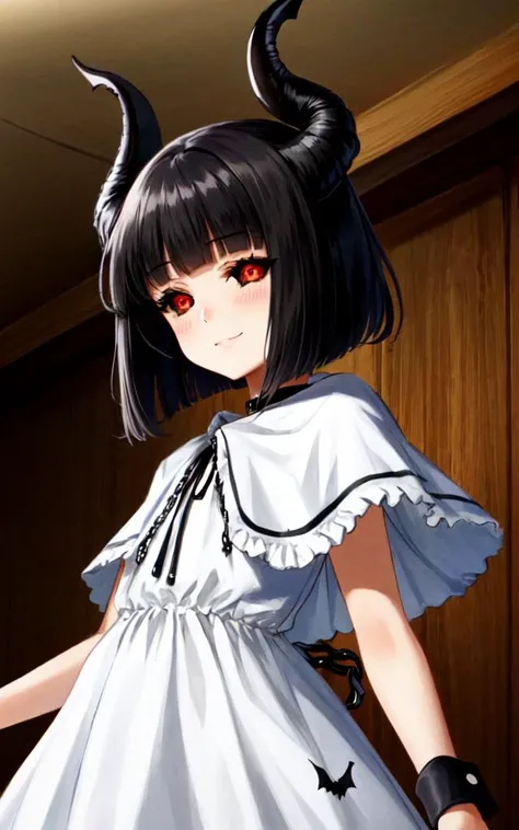 1girl, head on black sheep horns, bat_wings, demon tail, petite, small breasts, bob cut, blunt bangs, black hair, red eyes, <lora:_blackScleraTestInpaint_v10:1:lbw=NC> black sclera, childish petite eyeliner eye_shadow skindantation closed eyes smile +++ hi...