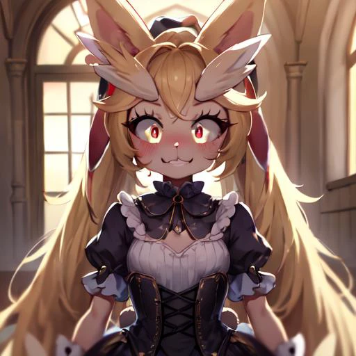 lopunny, furry, :3, rabbit ears, <lora:lopunnypokemon_v1:0.8>, beautiful art style, 1girl, young woman, looking at viewer, lusci...