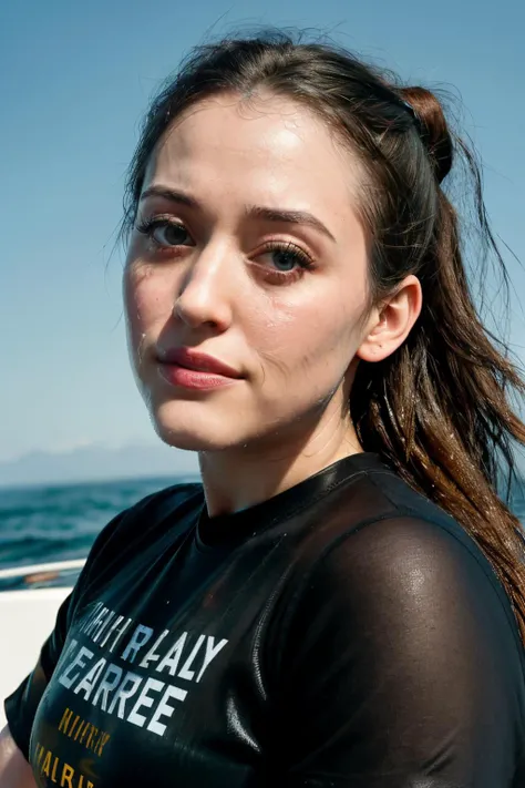 RAW, real photo portrait, katDen1, on a boat, (wearing a wet black t-shirt), pretty face, insanely detailed eyes, light blonde hair, high ponytail, bokeh, natural light, depth of field, golden hour, sharp focus