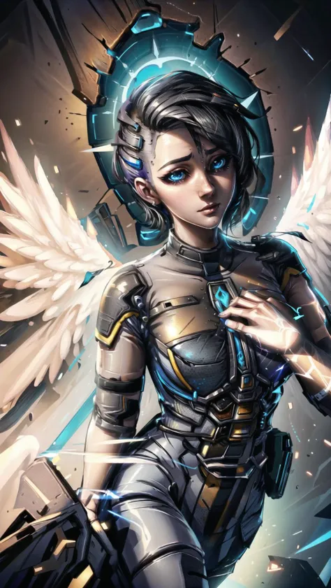 (1girl, Angel, Borderlands, angel (borderlands),), sidecut, glowing hologram blue eyes, angel wings, black hair,  <lora:angel_(borderlands):0.8> <lora:Hologram:0.5> BREAK,
AngelicAI,  <lora:AngelicAI:0.35> (GlassTech), <lora:GlassTech:0.25> BREAK, 
((flyin...