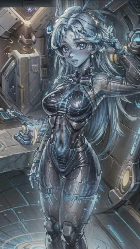 masterpiece,  (1girl, cortana), holographic clothing, (((HologramCzar, translucent, translucent skin, blue skin))), BREAK, <lora:translucent_skin:1>
space station,  <lora:Hologram:1> <lora:cortana_xl_v1:1> <lora:add_detail:1>, masterpiece, best quality, hy...