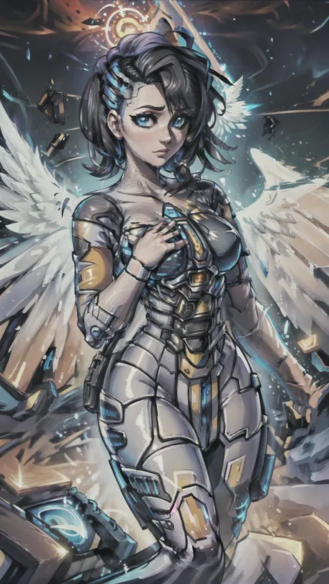 (1girl, Angel, Borderlands, angel (borderlands),), sidecut, glowing hologram blue eyes, angel wings, black hair,  <lora:angel_(borderlands):0.8> <lora:Hologram:0.5> BREAK,
AngelicAI,  <lora:AngelicAI:0.35> (GlassTech), <lora:GlassTech:0.25> BREAK, 
((flyin...