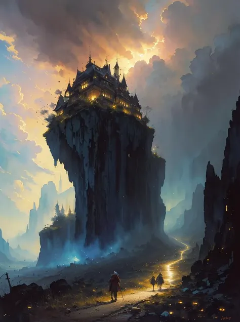 a painting of a castle in the middle of a mountain