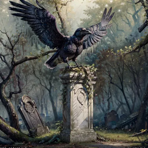 Generate binchu ((best quality)), ((masterpiece)) (establishing shot:1.5) black Raven bird [solo] sitting on a old rotten [tombstone:1.5] forgoten grave on a dark damp [rainy day] in gothic cemetery overgrown with ivy and with [leaves falling] from trees o...