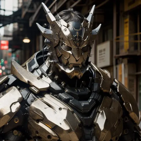 Portrait photo of muscular guy in a mech suit, ((light bokeh)), intricate, (steel metal), neons, ( [white] hannya mask), elegant, sharp focus, photo by greg rutkowski, soft lighting, vibrant colors, (masterpiece), ((streets)), (detailed face:1.2),  <lora:N...