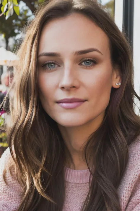 dkr piercing eyes, looking straight, very happy,long hair, wearing an pink  sweater, closeup portrait, in a outdoor cafe in 2015, afternoon light,<lyco:DianeKruger-RealVision-V1.0:1.0>