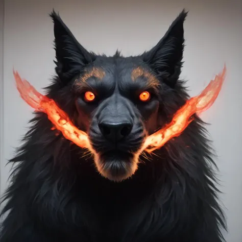 a close up of a dog with a glowing face and a fire ring on its nose