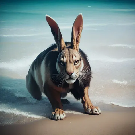 painting of a rabbit on the beach with a blue ocean in the background