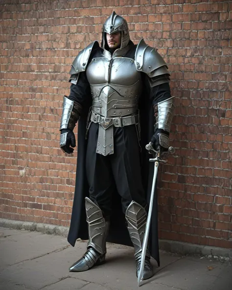 arafed knight in armor standing in front of a brick wall