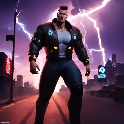 a man in a black jacket standing on a street with lightning in the background