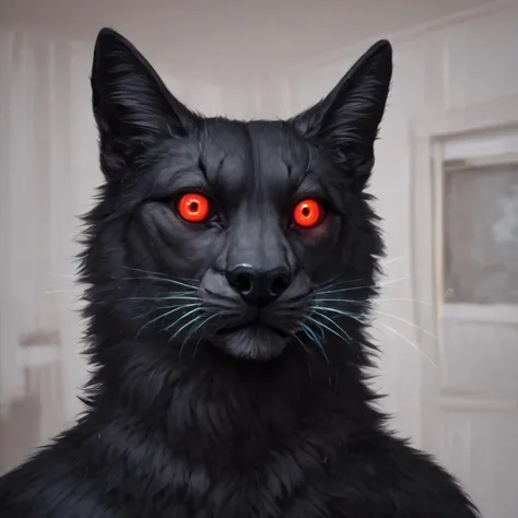 a close up of a cat with red eyes and a black coat