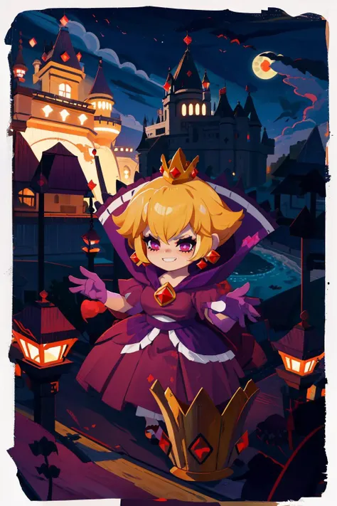 masterpiece, best quality, squeenp, purple dress, purple gloves, purple cape, furrowed brow, smirk, raised arms, chibi, standing, purple theme, darkness, (castle:1.4), night, purple moon, border <lora:Shadow_Queen-10:0.9>   <lora:style_onmyoji-20:1>