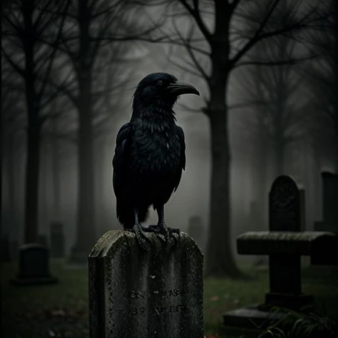 film photography style, a captivating close-up of a scarry black crow on an old weathered broken congrete gravestone in a gothic cemetery in cold autumn, try dead trees in dark grey tones, gothic, old-world charm. 35mm photograph, film grain, shallow depth...