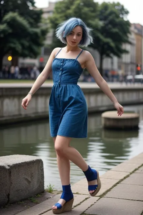 young adult european woman,blue hair,short hair,
empire waist dress ,
wedges,slippers,Chelsea boots,
,,
river,jumping