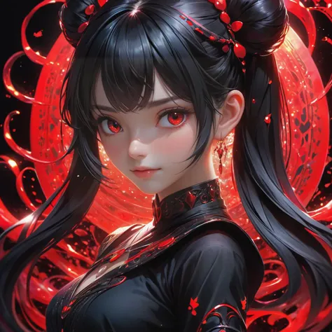 a woman with long black hair and red eyes in a black dress