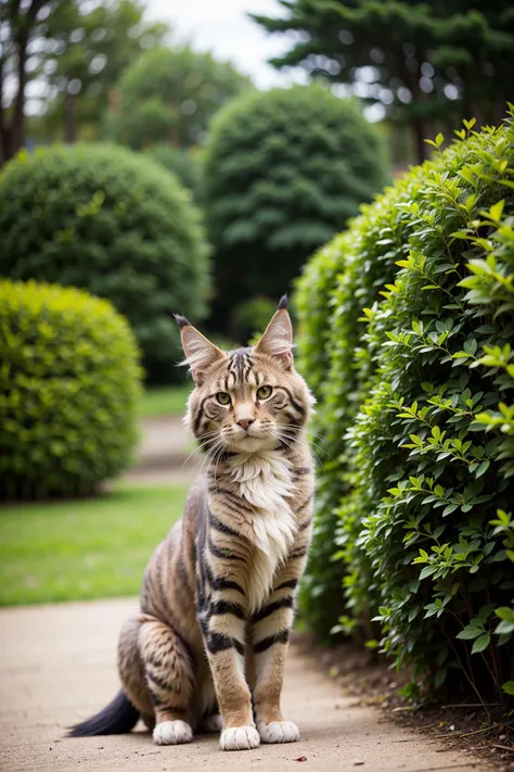 A perfect closeup photo of an Maine Coon, real size, standing, in the garden, looking at you <lora:more_details:0.2>