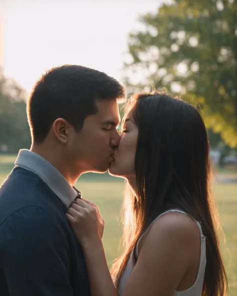 A well lit closeup photograph of a couple kissing in the park