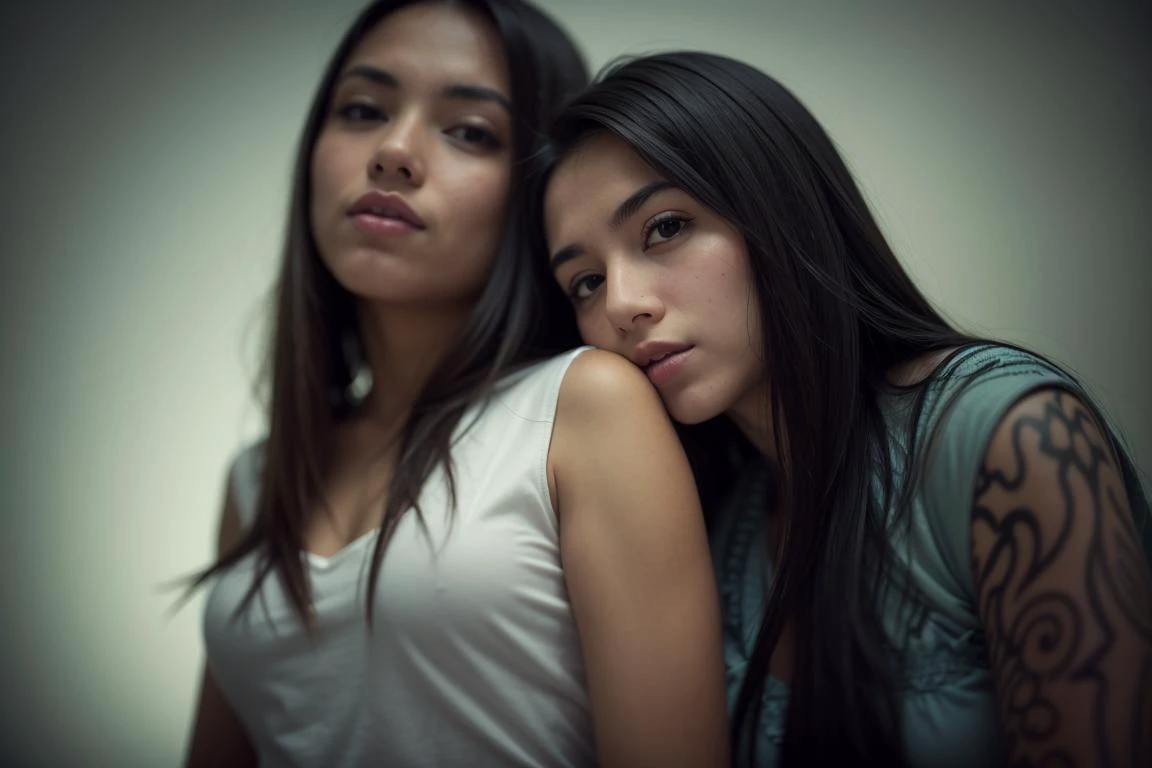 2girls, dark background, film grain