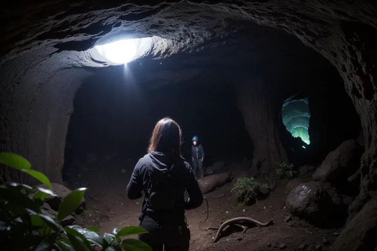 a perfect photo of a woman exploring the (dark:1.2) toxic fungal caverns, flashlight