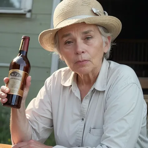 50yo woman TpbLahey, holding a liquor bottle, trailer park   <lora:TpbLahey:1>, (high detailed skin:1.2), 8k uhd, dslr, soft lighting, high quality, film grain, Fujifilm XT3