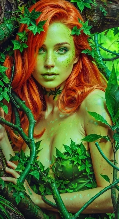 photo, photograph concept art <lora:add_detail:0.75>, poison ivy, green_eyes, detail face, leaf, tree roots, moss, green veins and skin, green lips, hyper detailed, ultra sharp, film, studio lighting, ultra realistic, intricate, portrait,(high detailed ski...