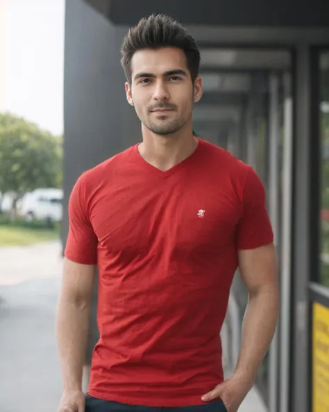 arafed man in red shirt standing in front of a building