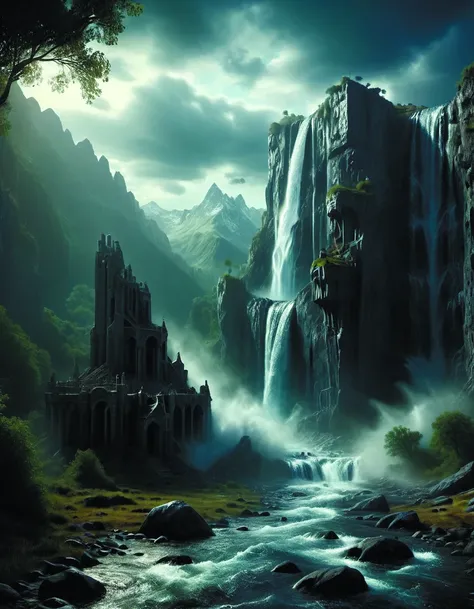 epic landscape with large mountains and pillars of rock emerging from the ground,with large epic waterfall,cinematic,light mist,volumetric lighting,hyperrealistic,detailed,arial view,fantastical 4k hd concept,dark dramatic lighting,<lora:add-detail-xl:1.6>...